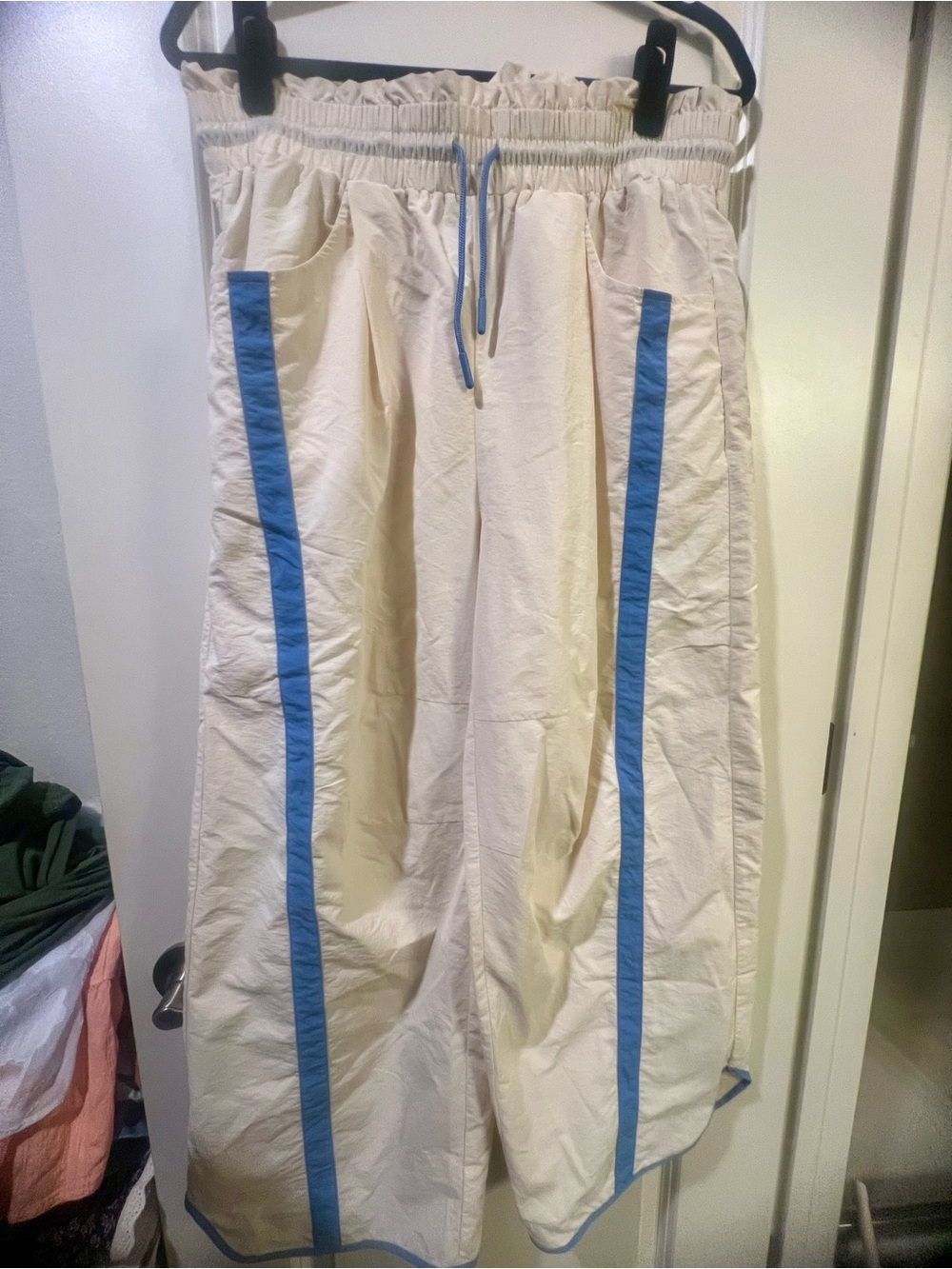 Wide-Leg Drawstring Pants in Cream with Blue Trim